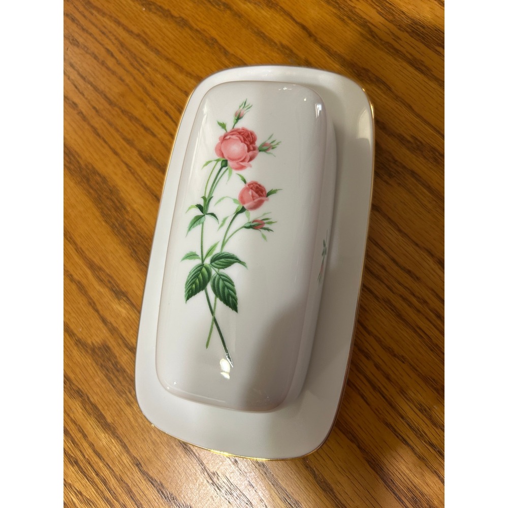 Vintage Rose Porcelain Butter Dish with Lid Gold Trim Floral Ceramic White Pink